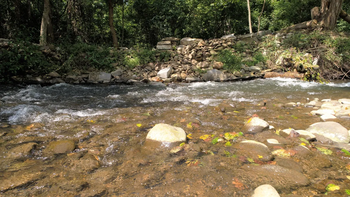 A picturesque scene of flowing creek water bordered by smooth pebbles and lush green foliage. The natural rock wall along the water's edge emphasizes the private creek access, inviting guests to fish, float, or simply relax by the water.